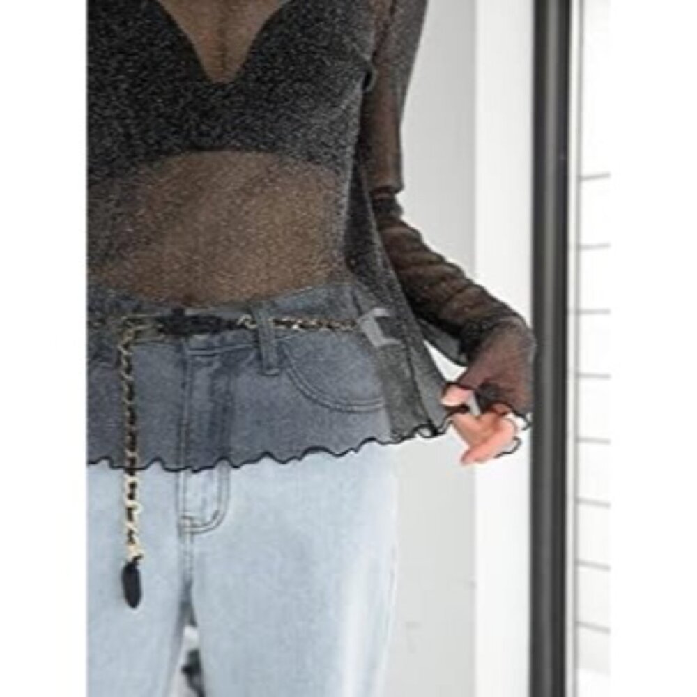 Black Shimmery Sheer Mock Neck Long Sleeve Top S | Rockstar Girlfriend Y3K Siren - Picture 13 of 16